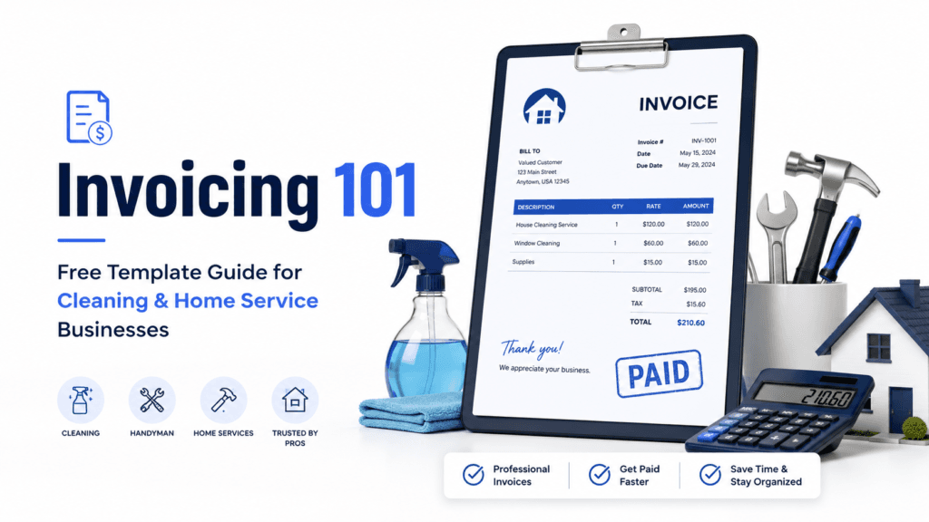 Hero banner for 'Invoicing 101' — free template guide for cleaning and home service businesses, with a clipboard invoice and blue branding.