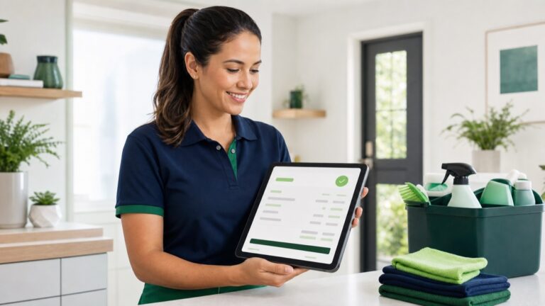 Cleaner in a navy polo shows a tablet with a green checklist in a bright kitchen.