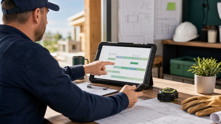 Construction worker reviews a project schedule on a tablet at a desk with blueprints and tools nearby.