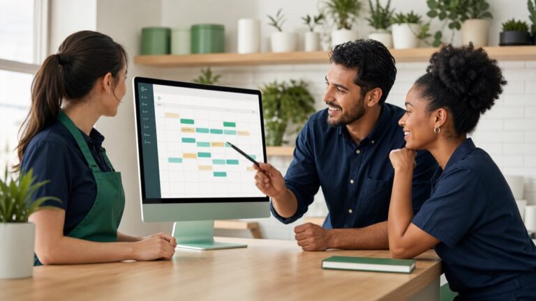 Three colleagues discussing a schedule on a desktop computer, with a color-coded calendar grid on screen.