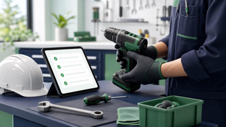 Technician wearing gloves drills at a workbench while a tablet shows a checklist of tasks fulfilled.