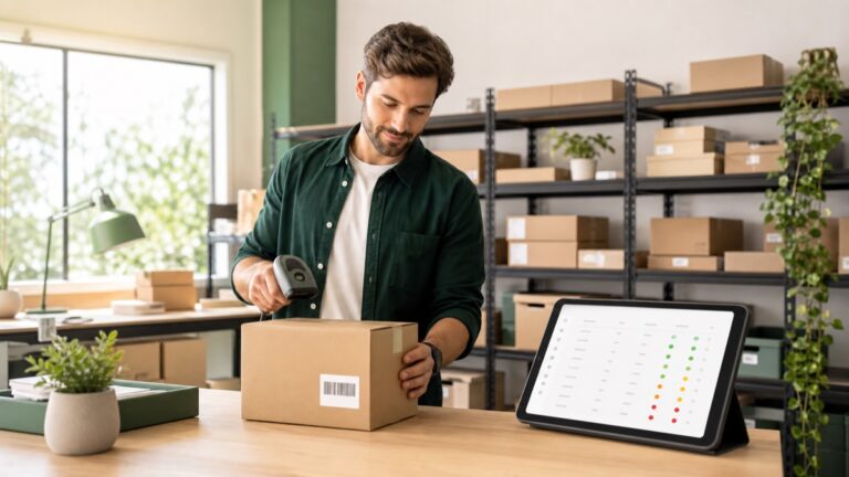 Man in a green shirt scans a cardboard box with a handheld barcode scanner beside a tablet showing inventory data on a desk in a warehouse setting.
